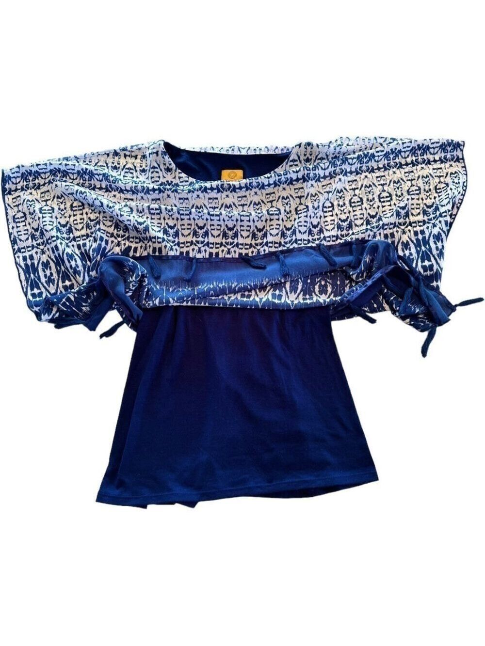 Ruby Rd. Boho Abstract Tunic Blouse Blue & White Kimono Sleeves, PETITE Medium - Picture 11 of 15